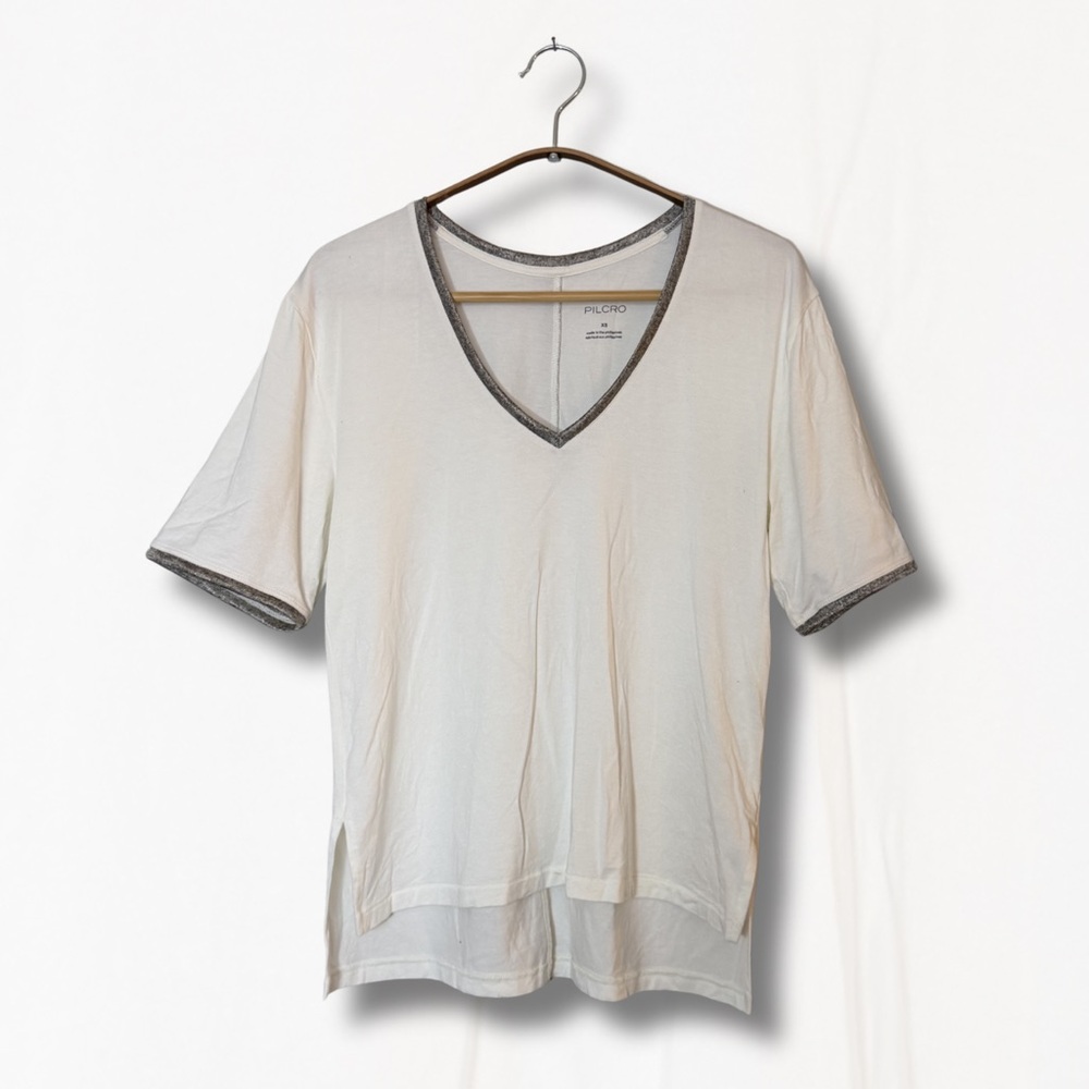 ✨ Anthropologie Pilcro White V-Neck Tee with Metallic Silver Trim - Size XS